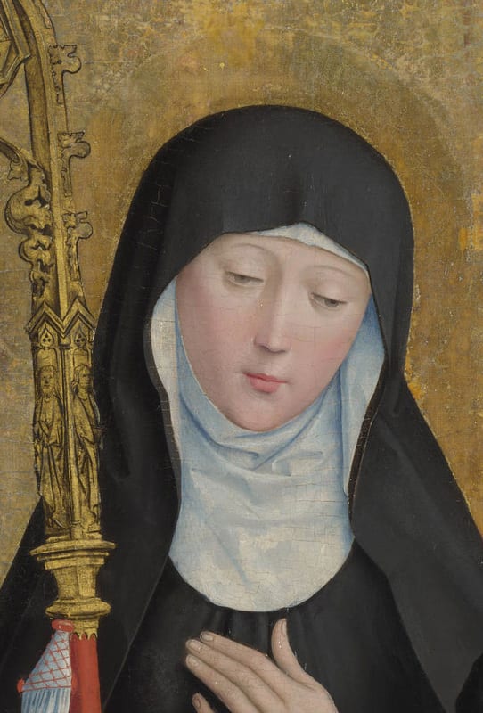 Panel painting of Saint Scholastica in black Benedictine habit, hands folded, eyes downcast, gold background with a decorative staff beside her.