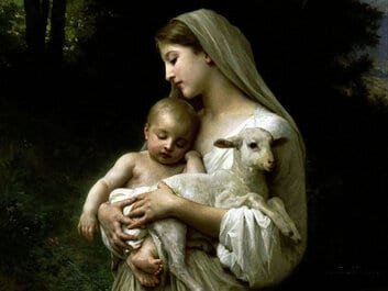 Classical painting of the Madonna dressed in white and blue, cradling the sleeping Christ child and a white lamb in a wooded setting.