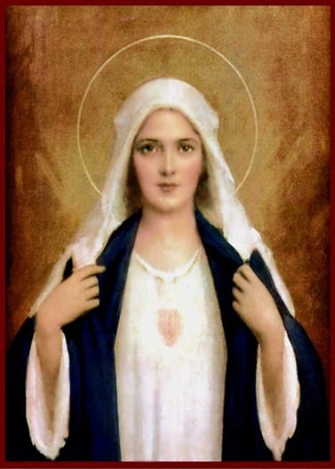 Devotional icon of the Immaculate Heart of Mary, showing Mary in blue mantle with a glowing heart on her chest, golden halo.