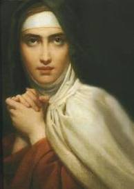 Painted portrait of Saint Teresa of Avila in habit and white veil, hands clasped in prayer, gazing forward.
