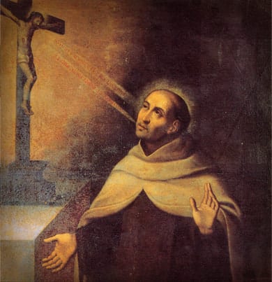 Oil painting of Saint John of the Cross in white Carmelite habit, arms outstretched toward a crucifix with rays of light.